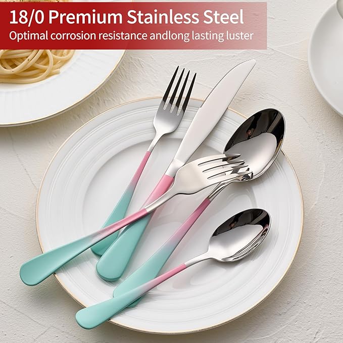 Colorful Silverware Set 20 Piece 18/0 Stainless Steel Flatware Pink and Green Handle Cutlery Set Service for 4 Fork Knife Spoon Set Mirror Finish Dishwasher Safe
