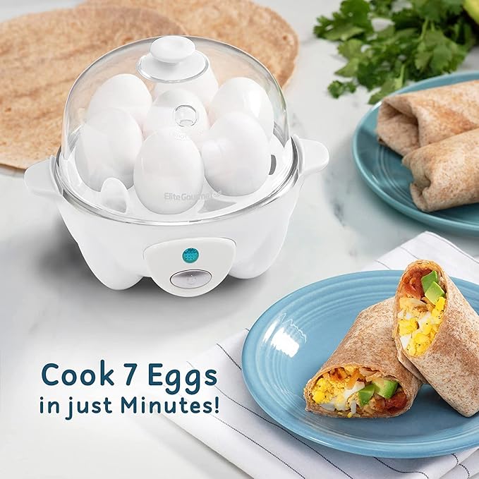 Elite Gourmet EGC-007## Rapid Egg Cooker, 7 Easy-To-Peel, Hard, Medium, Soft Boiled Eggs, Poacher, Omelet Maker, Auto Shut-Off, Alarm, 16-Recipe Booklet, White