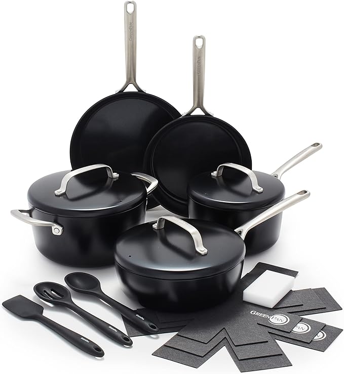 GreenPan GP5 Hard Anodized Healthy Ceramic Nonstick 14 Piece Cookware Pots & Pans Set, Heavy Gauge Scratch Resistant, Stay-Flat-Surface, Induction, Oven Safe, PFAS-Free, Black