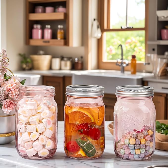 WELLIFE Pink Mason Jars 32 oz,4 Pack Wide Mouth Mason Jars for Safe Storage,Fermenting,Pickling,DIY,Crafts Decoration