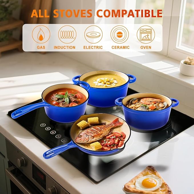 Hisencn Enameled Cast Iron Cookware Set - 7 Piece Dutch Ovens Set, Sauce Pan, Skillet, 3 Lids, Pots and Pans Set, Ceramic Coated Cast Iron, Heavy Duty, Gas/Induction Compatible, PFA Free