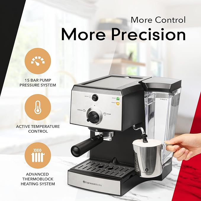 EspressoWorks All-In-One Espresso Machine with Milk Frother 7-Piece Set - Latte Maker Includes Grinder, Frothing Pitcher, Cups, Spoon and Tamper - Coffee Gifts (Stainless Steel)