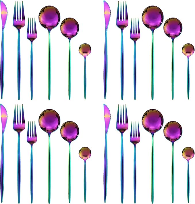 24Pcs Rainbow Mirror Silverware Flatware, 18/0 Stainless Steel Cutlery Set Utensils Kitchen Dinnerware Include Knife Fork Spoon and Teaspoon, Service for 4