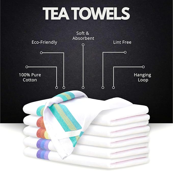 Premium Kitchen Towel (28”x20”, 6 Pack) 100% Cotton Dish Towels Cloths Large Hand Towels Tea Towels for Kitchen with Hanging Loop, Reusable Cleaning Cloths, Fast Dry Lint Free Linen | Assorted Colors