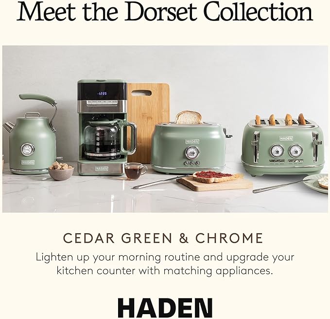Haden Dorset 1.7 Liter Stainless Steel Electric Kettle, Hot Water Kettle with 360-Degree Base and Auto Shutoff, Cedar Green & Chrome