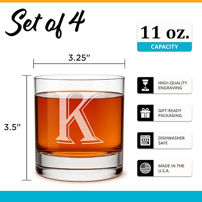 On The Rox Drinks (K-Monogram)- 4 Piece Set of 11 Ounce Engraved Heavy Base Rocks Whiskey Glasses Elegant Glass-Bourbon Multi-Purpose Beverage-Rocks Glass- Gift for any Occasion