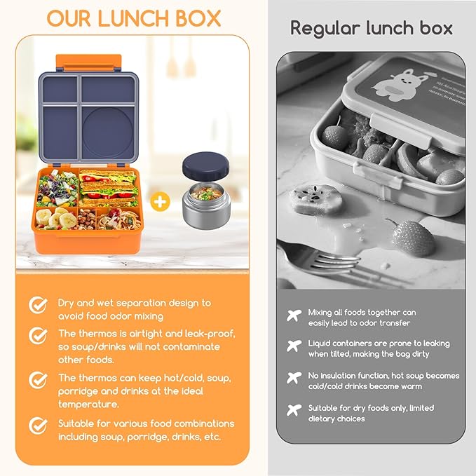 Bento Box for Kids - Leak-Proof Lunch Box with Insulated Thermos Food Jar - 4 Compartments, 1 Removable Divider, 1Spoon, 1 Fork - Dishwasher Safe, BPA-Free (Navy blue)