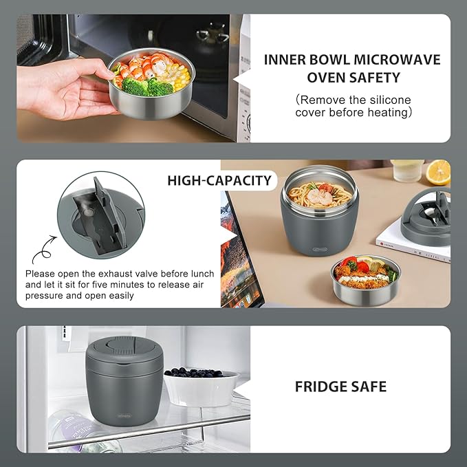 Thermo Food Jar for Hot Food Adults 32OZ Soup Thermo Lunch Containers Wide Mouth Vacuum Insulated Stainless Steel Leakproof Bento Box with Spoon (Grey)