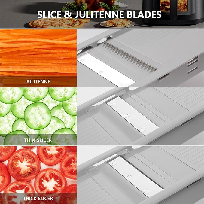 Mandoline Slicer Vegetable Chopper, Fruit Slicer, Cheese Grater & Potato Cutter with 6 Blades, Easy Kitchen Tool, Grey