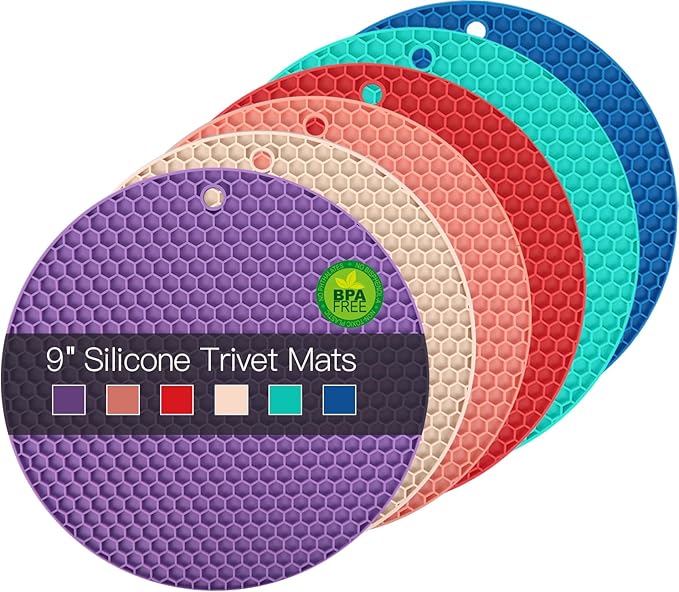 6 Pack Silicone Trivets for Hot Pots and Pans, 9" Colorful Silicone Trivet for Hot Dishes, Extra Large Non-Slip & Heat Resistant Hot Pads for Kitchen Counter(Colors)