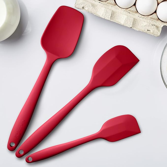 Silicone Spatula 3-piece Set, Ergonomic Handle High Heat-Resistant Spatulas, Non-stick Rubber Spatulas with Stainless Steel Core, Wine Red
