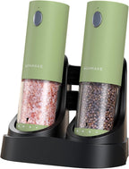 Electric Salt and Pepper Grinder Set - Automatic Refillable Salt and Pepper Grinders with Charging Base & LED Light, 6-Level Adjustable Coarseness with External Dial, Ideal Kitchen Gadget，Green