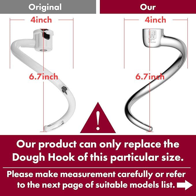 qAp quality art Practical Stainless Steel Spiral Dough Hook Replacement for KitchenAid 5Plus & 6QT Bowl-Lift Stand Mixers, Rustproof & Easy Clean, Efficient Kneading for Bread, Pizza, Pasta, Cookies