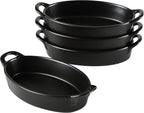 Bruntmor 8" x 5" Oval Porcelain Ceramic Deep Dish Pie Pan Set of 4, Double Handle Au Gratin Baking Dishes, Oven Safe Roasting Lasagna Pan For kitchen- Black