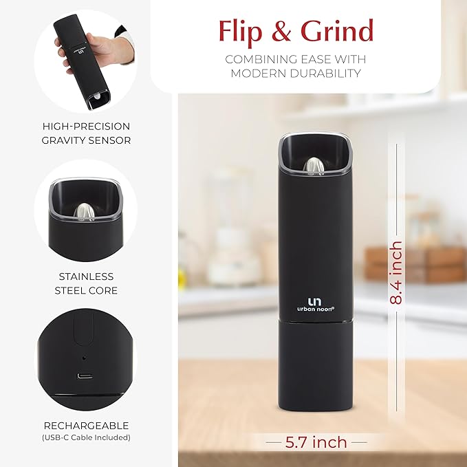 Automatic Salt and Pepper Grinder Set - Rechargeable Electric Salt and Pepper Shakers with Adjustable Coarseness, LED Light, One-Handed Use, Gravity Salt Grinder and Electric Pepper Mill