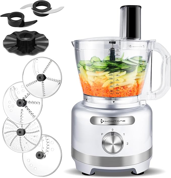 Homtone 16 Cup Food Processor, 9 Functions 7 Blades 3 Speeds for Shredding, Slicing, Doughing, Emulsfying and Meat Vegetable Chopping for Home Use, 600W (Sliver)