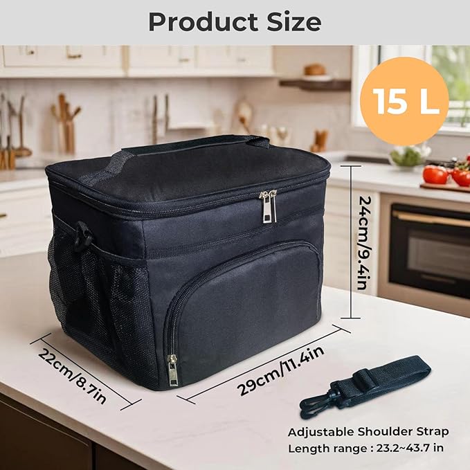 24 Cans/15L Insulated Lunch Bag for Women Men Adults Fit and Fresh Lunchbox Containers Soft Lunch Tote Cooler Bag for Work Home Outdoor Travel Hiking Picnic Beach with Straps (Gray)