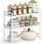 DOLALIKE Expandable Kitchen Countertop Organizer, Stackable Cabinet Shelf Organizers, Space Saving Spice Rack Pantry Storage for Bathroom Office Organization (White, 2-Tier)