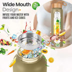 Aqulea Glass Water Bottles with Silicone Sleeve - BPA Free Reusable Wide Mouth Glass Motivational Water Bottles with Fruit Infuser – Leak Proof Borosilicate Water Bottle with Time Marker