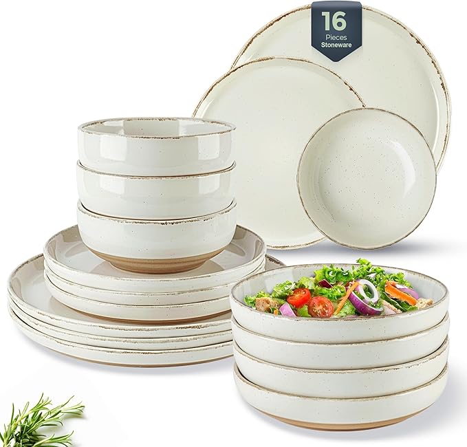 AmorArc Ceramic Dinnerware Sets with Pasta Bowls for 4, Handpainted Plates and Bowls Set with Rustic Terracotta Underside, Scratch Resistant Dishes Set, Dishwasher & Microwave Safe, 16 Pcs