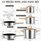 13-Piece Stainless Steel Cookware Set with Nonstick Frying Pans, Sauce Pots & Stock Pot, Heavy Duty Pots and Pans Set, Wooden Handles & Triple Layer Bottom, Induction Cookware, Easy to Clean