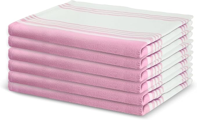 Urban Villa Kitchen Towels 100% Cotton Pack of 6, Highly Absorbent Quick Drying Super Soft Premium Dish Towels for Kitchen with Hanging Loop Hand & Tea Towels - 20x30 Inch, (Pink & White, Striped)