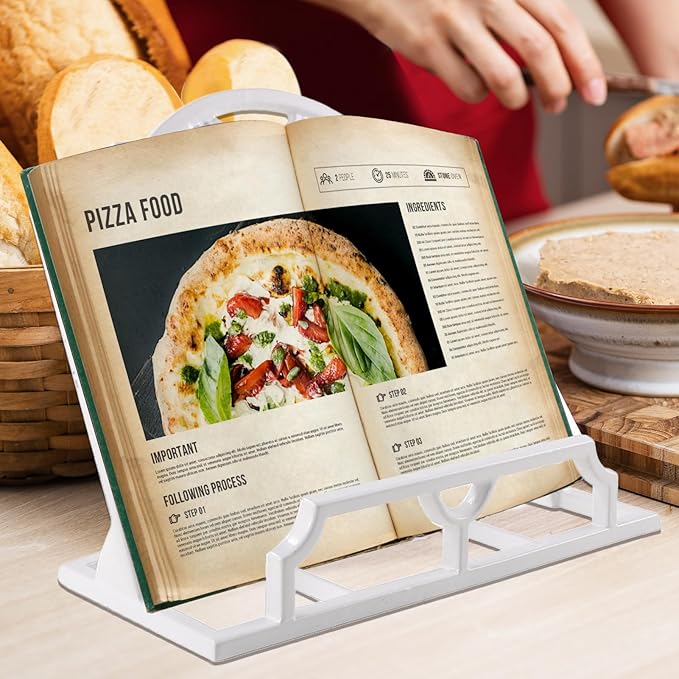 JOGREFUL Cookbook Stand, Cast Iron Heavy-Duty Recipe Book Holder, Kitchen Vintage Recipe Book Holder, Reading Rest Holder for Easel/Counter/Books/Magazine/iPad/Bible, Grid Pattern, White