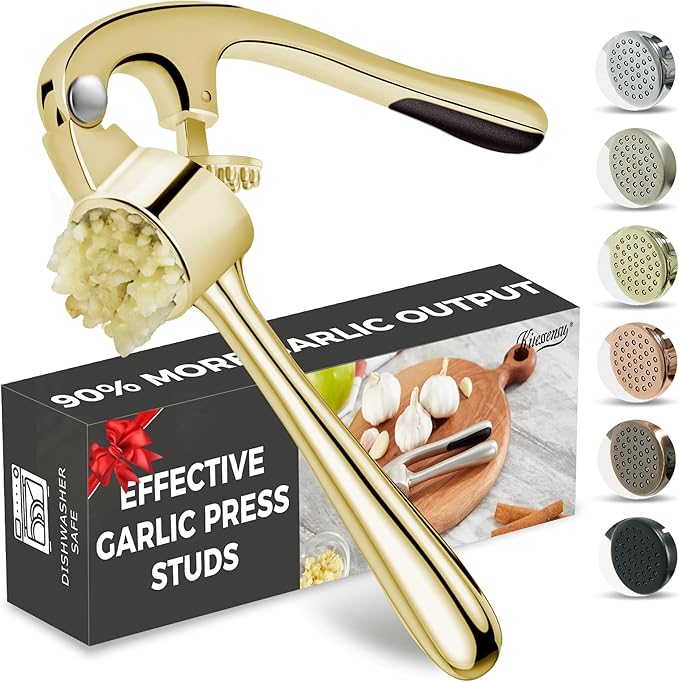 KITESSENSU Premium Garlic Press, Professional Garlic Mincer, Easy to Squeeze and Clean, Rust Proof & Dishwasher Safe, Efficient Ginger Crusher - Golden