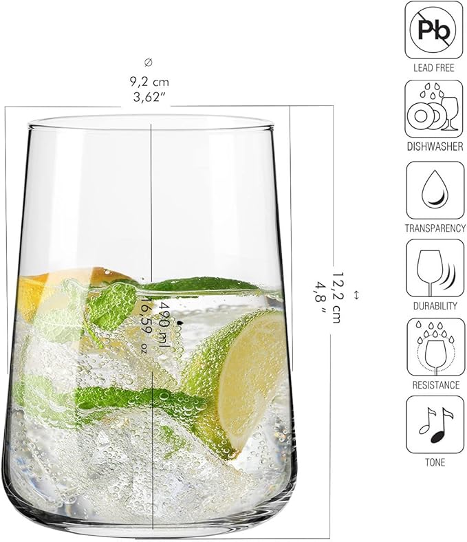 Krosno Water Glasses, Set of 6, 16.6 fl oz, Water Drinks Juice, Infinity Collection, Lead-Free Lightweight Glass, Everyday Drinking Glass, Dishwasher Safe, Made in Europe
