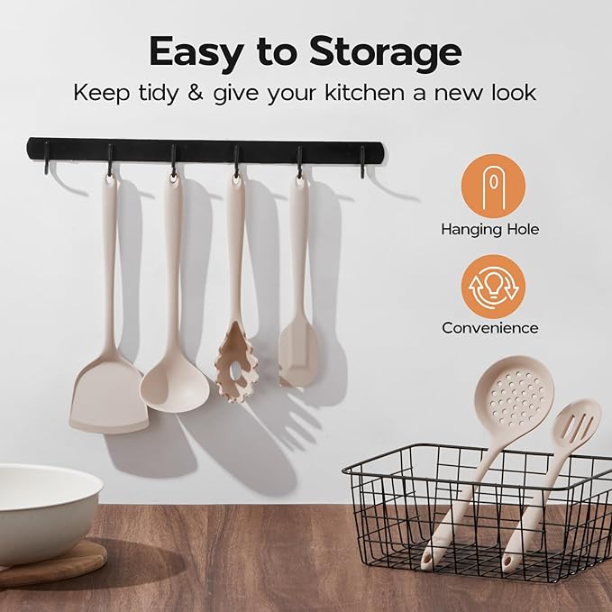 Kitchen Utensils Set, Onader Silicone Non Toxic Cooking Utensils, 6 Pcs Heat Resistant Kitchen Gadgets Set for Nonstick Cookware - Khaki