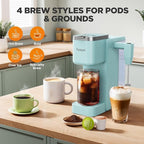 Single Serve Coffee Maker with Built-in Detachable Milk Frother, Iced and Hot Coffee Machine for K Cup & Grounds, 40oz Removable Water Reservoir, 6 Cup Sizes, Fits 7.3" Travel Mug, Teal
