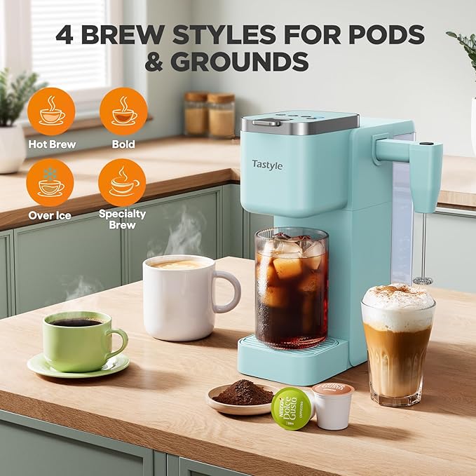 Single Serve Coffee Maker with Built-in Detachable Milk Frother, Iced and Hot Coffee Machine for K Cup & Grounds, 40oz Removable Water Reservoir, 6 Cup Sizes, Fits 7.3" Travel Mug, Teal