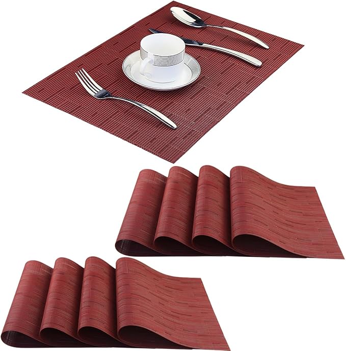 PIGCHCY Placemats Set of 8 Washable Durable Place Mats Vinyl Heat Resistant Non-Slip Table Mats Indoor Outdoor (Burgundy Red)