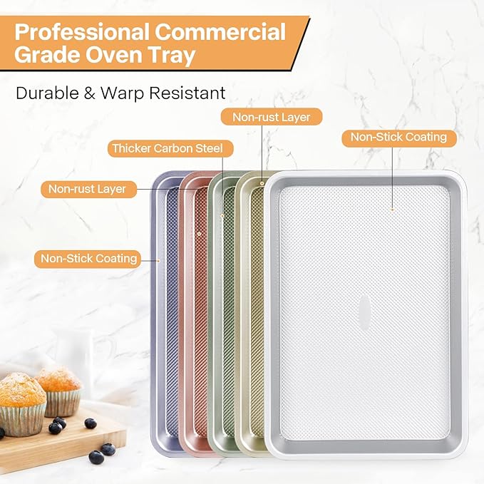 3-Piece Non-Stick Baking Sheet Set | PFOA/PFOS/PTFE-Free, 0.8mm Heavy-Duty Steel with Diamond Texture Surface | Stackable Design for Roasting, Baking & Toasting