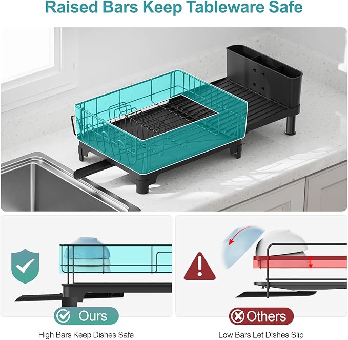 GSlife Expandable Dish Drying Rack - Large Dish Racks for Kitchen Counter with Pan Slot, Anti-Rust Sink Dish Drainer with Drainboard and Utensil Holder, 26.2" Lx12.6 W, Black