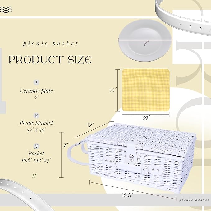 Picnic Basket Set for 4 with Waterproof Blanket Mat Insulation Bag Wicker White Yellow Light Fresh Gifts for Wedding Birthday Summer Camp Outdoor Camping Beach Travel Christmas Thanksgiving