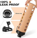 MUKOKO Glass Water Bottles, 32oz Glass Tumbler with Straw, Drinking Bottles with 2 Lids-Handle Spout Lid&Bamboo Straw Lid, Motivational Water Bottle with Time Marker and Silicone Sleeve, 1 Pack-Amber