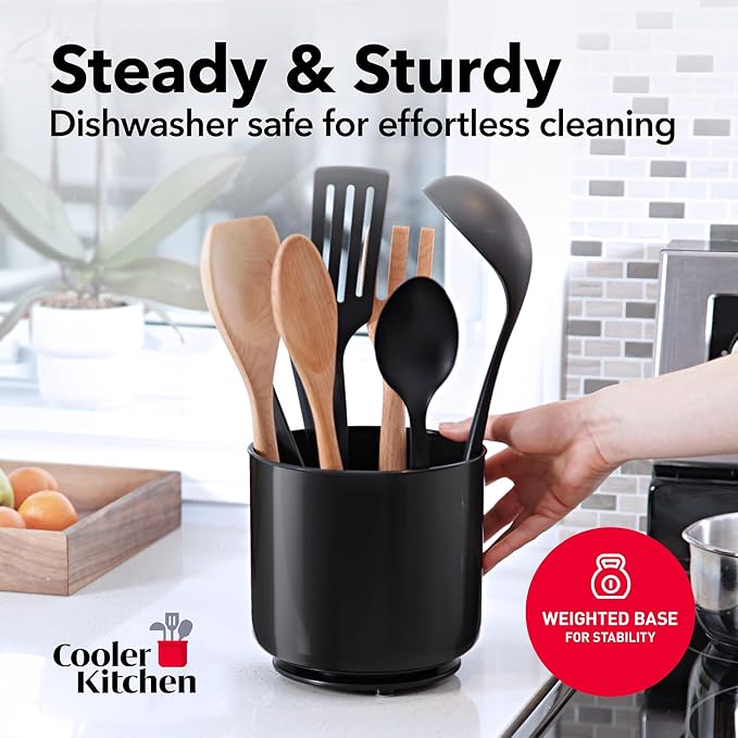 Extra Large Sturdy Rotating Black Utensil Holder Caddy with No-Tip Weighted Base, and Gripped Insert - Rust Proof and Dishwasher Safe Kitchen Utensils Holder