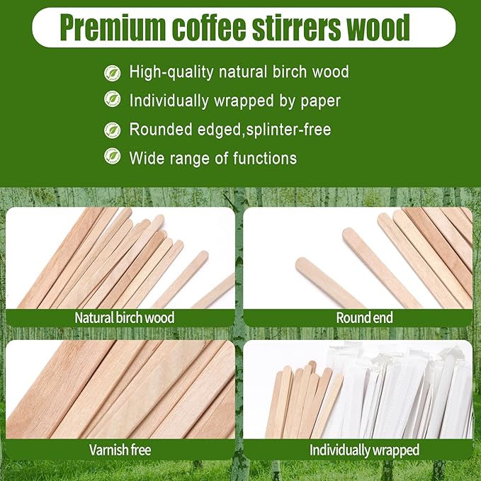 210PCS Wooden Coffee Stirrers, Individually Wrapped, Wooden Beverage Mixer, 5.5" Coffee Stir Sticks-Biodegradable Eco-Friendly Round End Disposable coffee stirrer, For Coffee, Cocktail, Hot Drinks