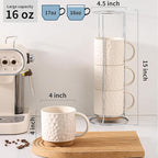 Nihow Ceramic Coffee Mug Set of 4, 16OZ Stackable Coffee Mug Set with Stainless Stand,Large Cup Set for Cappuccino,Tea,Hot/Cold Drinks,Dishwasher & Microwave Safe,Matte White