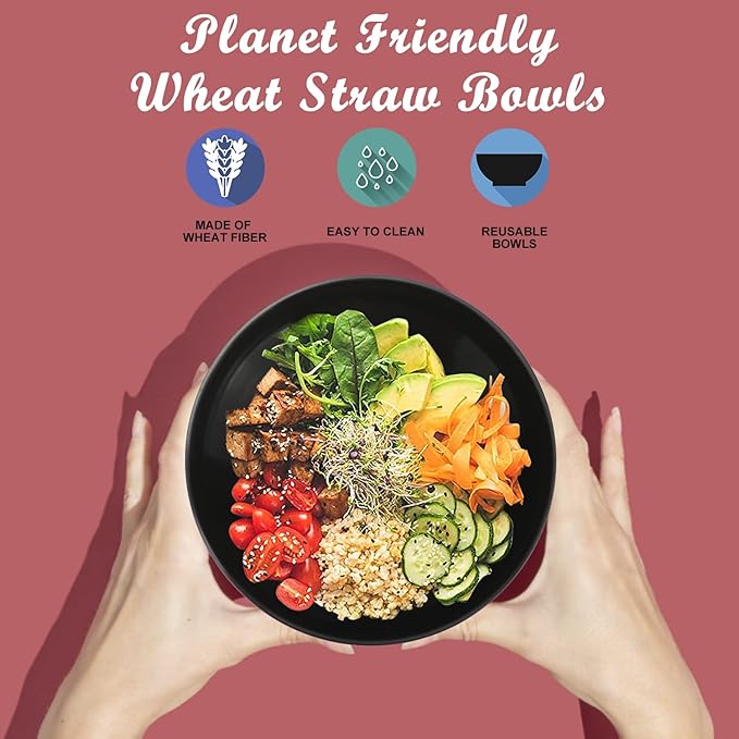 Wheat Straw Bowl Sets,6 PCS Unbreakable Cereal Bowl 36 OZ,Microwave and Dishwasher Safe Bowls,Salad Bowls for Camping,Rv,Apartment,Dorm,Party (Black Grey)