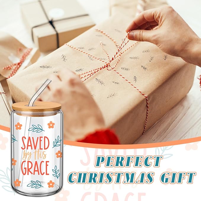 6 Pcs Christmas Jesus Christian Glasses 16 oz Drinking Glass Cup with Bamboo Lid and Glass Straw Can Shaped Beer Tumbler for Women Teenager Birthday Party Favor Christmas Appreciation Gift