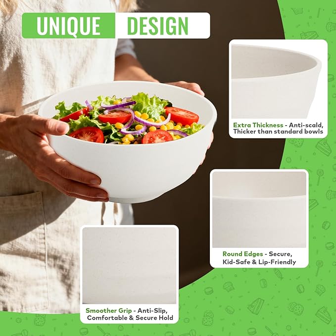 Large Salad Bowl, Wheat Straw Bowls Set 60 OZ, Unbreakable Big Bowls Set of 6, Large Serving Bowls for Kitchen, Cereal, Ramen, Soup, Microwave & Dishwasher Safe, White