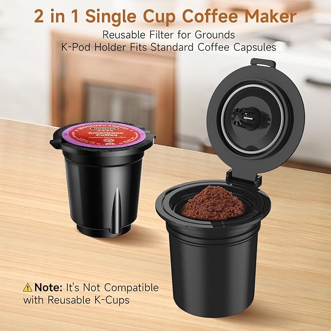 Small Single Serve Coffee Maker, 2 in 1 Fast Brew One Cup Coffee Machine, 6 to 12 oz. Brew Sizes, Capsule Coffee Machine with Descaling Reminder, Fits 5.5" Mug, Grey