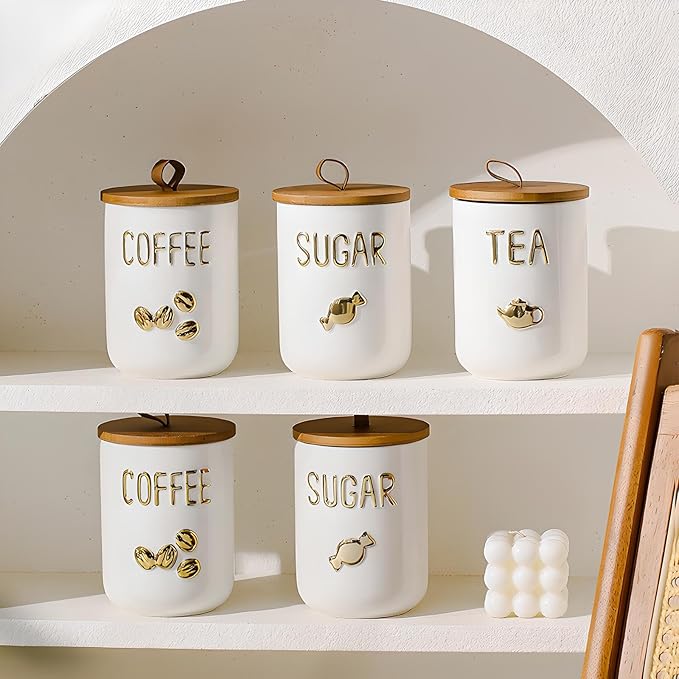 YYW Kitchen Canisters for Countertop, White Airtight Ceramic Canister with Seal Wooden Lid Storage Container for Coffee Bean Ground Coffee Sugar and Tea (Three piece)