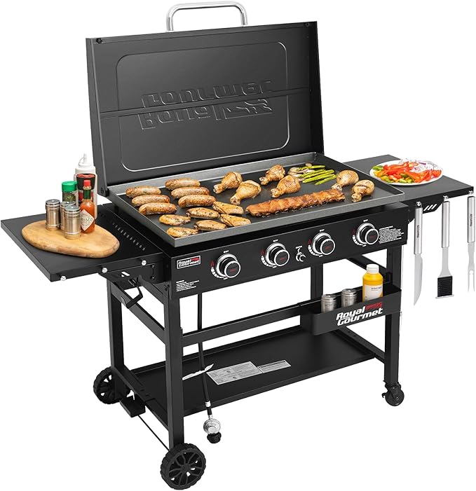 Royal Gourmet GB4000P 4 Burner Propane Gas Griddle with Hard Cover and Foldable Side Tables, 35-Inch Flat Top Grill with 766 Sq. In. Cooking Area for Backyard and Tailgating, Black