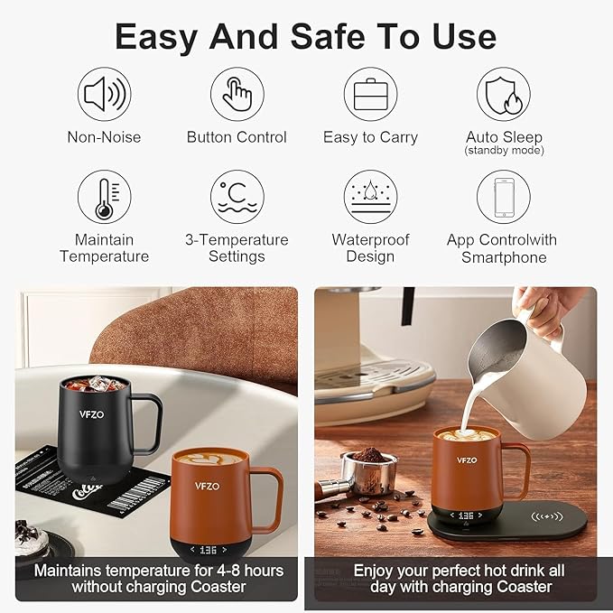 Temperature Control Smart Mug, Self Heating Coffee Mug LED Display, 180 Min Battery Life - Hot up to 149℉ Fast Wireless Charger Base Improved Design (12oz, Orange)