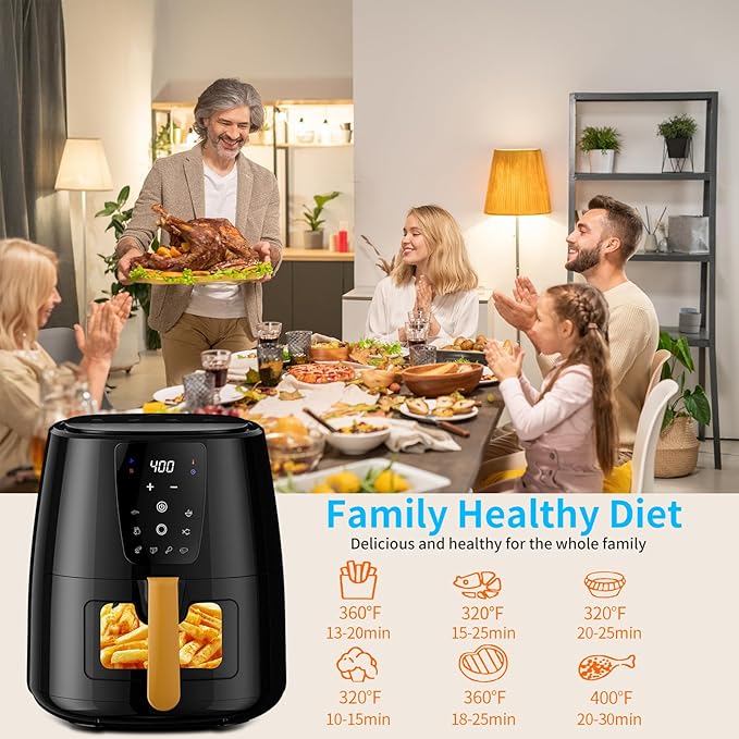 5.8 QT Large Digital Air Fryer with Window for Kitchen Use,Nonstick Made without PFAS, Touchscreen Display,400F,Customized Temp/Time,NonStick Basket,Black