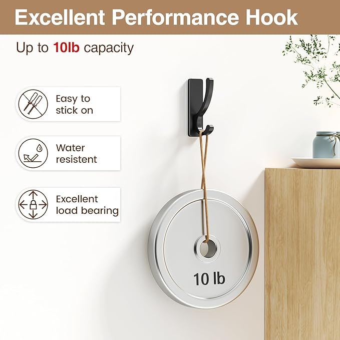 Adhesive Wall Hooks for Towels Coats - Stick On Hooks Hanging Heavy Duty (13lb), Metal Hook for Door, Bathroom, Dorm, Closet - Hanger for Purse, Bag, Robe,Backpack - No Damage to Wall - Black 4 Pack