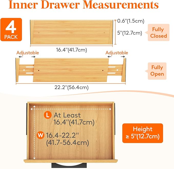 Lifewit 4 Pack Drawer Dividers Bamboo 5" High, 16-22" Adjustable Clothes Drawer Organizers, Expandable Dresser Separators in Bedroom/Bathroom/Kitchen/Office Organization and Storage